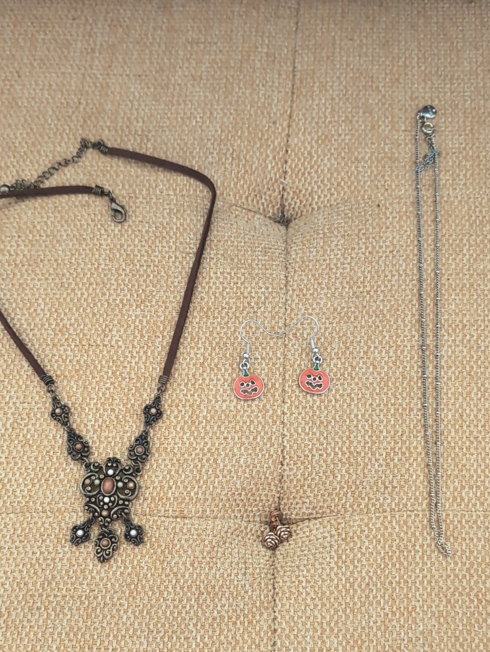 Boho Antique-Style Brown Pendant Necklace with Orange Pumpkin Charm Earrings